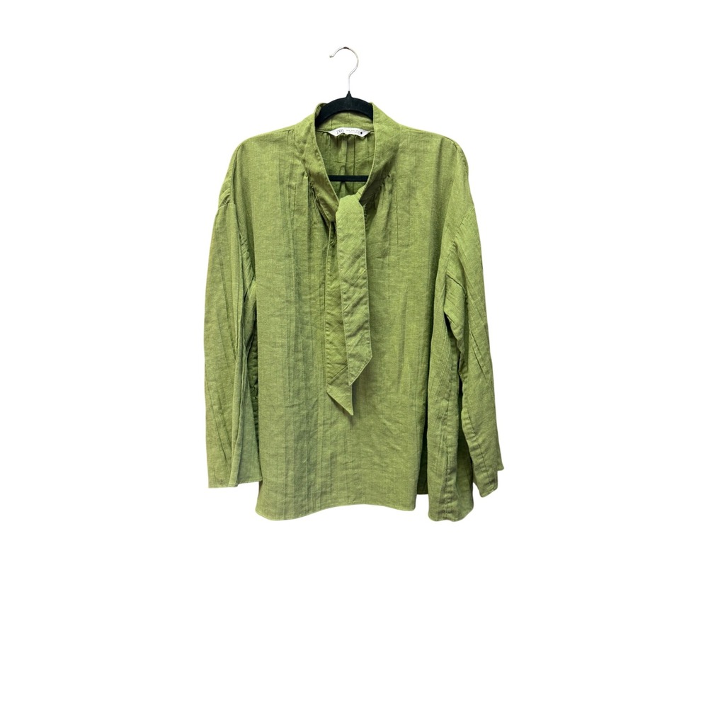 Zara Green Linen Blend Tie Neck Pleated Long Sleeve Blouse Medium